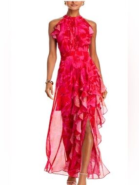 Aqua Bloomingdale’s Women's Fuchsia Ruffle Halter Maxi Dress stunning-7wks old